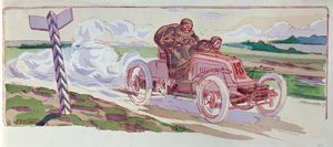 Henri Fournier nella sua Mors che compete nel rally Parigi-Berlino nel 1901, c.1910 da Ernest Montaut