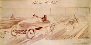 Corsa automobilistica: "Parigi Madrid": Gabriel vincitore su Mors equipaggiata con pneumatici Michelin. Illustrazione 1903 da Ernest Montaut