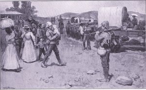 Soldati britannici che assistono i rifugiati boeri, illustrazione da After Pretoria: The Guerilla War, 1902 da Ernest Prater