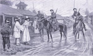 Esploratori cosacchi che raccolgono informazioni da un prigioniero coreano, illustrazione da Cassells History of the Russo-Japanese War Vol 1, c.1900