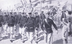 Giapponesi in marcia attraverso Tokyo, illustrazione da Cassells History of the Russo-Japanese War Vol 1, c.1900 da Ernest Prater