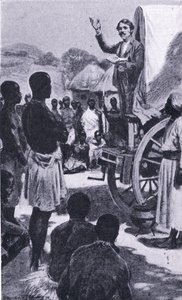 Predicando ai Makololo: Livingstone, illustrazione da Cassells Romance of Famous Lives, c.1940