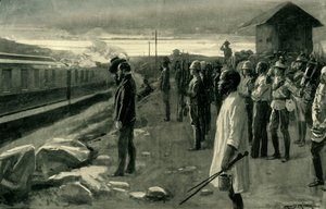 Il treno che trasporta i resti del signor Rhodes salutato dalle guardie del blockhouse, 1902 da Ernest Prater