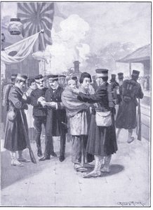 Truppe che lasciano Tokyo, illustrazione da Cassells History of the Russo-Japanese War Vol 1, c.1900 da Ernest Prater