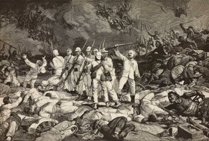 Battaglia di Dogali, ultimi sopravvissuti che presentano le armi, salutando i caduti, Guerra Eritrea, incisione di Ernesto Mancastroppa e Cantagalli da disegno e composizione di Ludovico Pogliaghi, da L