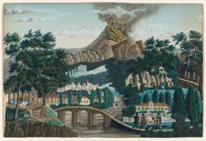 Paesaggio con vulcano in eruzione, ponte e festa di matrimonio da Ernst Damitz