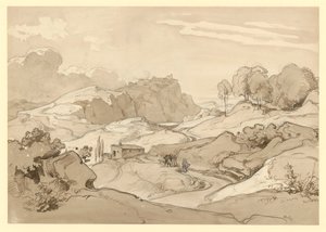 Paesaggio italiano con colline rocciose e alberi, una capanna e figure di staffage lungo il sentiero da Ernst Fries