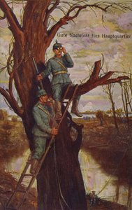 Buone notizie per il quartier generale, soldati tedeschi che osservano il campo di battaglia e riferiscono al quartier generale tramite un telefono da campo, Prima Guerra Mondiale, 1915 da Ernst Heilemann