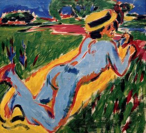 Nudo blu sdraiato con cappello di paglia