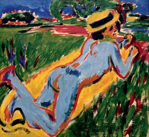 Riciclaggio Nudo Blu con Cappello di Paglia, 1909 da Ernst Ludwig Kirchner