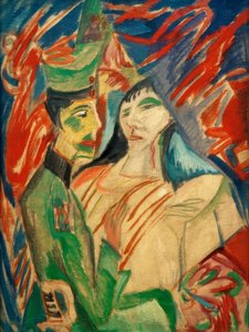 Soldato e ragazza tra tende colorate da Ernst Ludwig Kirchner