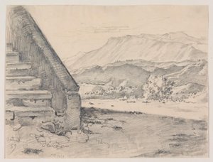 Prospetto con una scala e vista su un paesaggio montano da Ernst Meyer