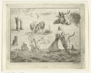 Studio con un paesaggio marino, due teste di mucca, pecore, un cane e due zampe da Ernst Willem Jan Bagelaar
