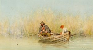 Studio di un uomo e un ragazzo che pescano da una barca da Erskine Nicol