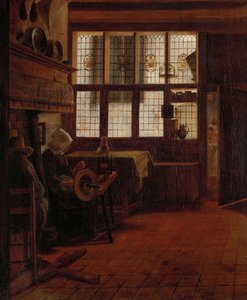 Interno con donna alla ruota del filatoio da Esaias Boursse