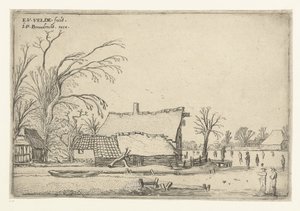 Fattoria presso un fiume ghiacciato con pattinatori (Paesaggi orizzontali) da Esaias van de Velde