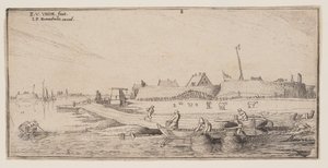 Pescatori in barca a remi di fronte a una città fortificata, da Paesaggi da Esaias van de Velde