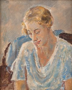 Ritratto di donna in blu (olio su tela) da Ethel Walker