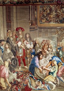 Visita di Luigi XIV alla Manifattura dei Gobelins alla presenza di Jean Baptiste Colbert (in profilo, a destra del re) e del pittore Charles Lebrun, 15 ottobre