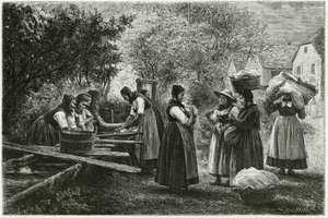 Un bucato a Metzeral, donne che indossano costumi tradizionali della valle si riuniscono alla fontana del villaggio. Incisione di E.Ronjat, per illustrare la storia 