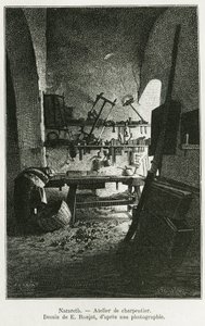 Officina del falegname a Nazareth. Incisione di E. Ronjat, per illustrare la storia La Siria d