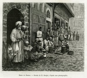 Bazar di Damasco. Incisione di E. Ronjat, per illustrare il racconto La Siria di oggi, di M. Lortet, decano della Facoltà di Medicina di Lione, incaricato di una missione dal Ministero dell