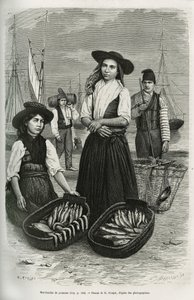 Mercanti di pesce, che indossano il costume tradizionale femminile: gonna corta e pieghettata, corpetto con bottoni d