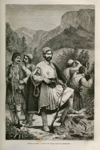 Briganti e pastori greci, complici nelle montagne, disegno di E. Ronjat, per illustrare il racconto di Henri Belle: Viaggio in Grecia