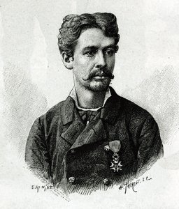 Ritratto del Dottor Tautain, durante la spedizione in Africa 1879-1882, sotto il comando di Gallieni. Incisione di E. Ronjat, da una fotografia, per illustrare la storia "Esplorazione dell