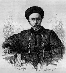 Ritratto di Li Hongzhang (1832-1901), generale cinese e viceré di Zhili dal 1871 al 1895 e dal 1900 al 1901. Incisione da un disegno di Ronjat, da una fotografia di Thomson, in "Le Tour du Monde, Nouveau journal des Voyages", a cura di Edouard Charton da Etienne Antoine Eugene Ronjat