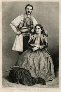 Ritratti del Principe del Montenegro Nicholas I Petrovicz Niegosch (1841-1921) e di sua moglie, Milena, nata Voukovich (1847-1923), disegno di E. Ronjat, per illustrare il viaggio in Montenegro, nel 1874, di Charles Yriarte (1832-1898). Incisione in Le tou da Etienne Antoine Eugene Ronjat