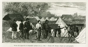 Revisione degli apparati di telegrafia ottica. Incisione di E.Ronjat, per illustrare la storia Trente mois au Tonkin, nel 1884, del dottor Paul Hocquard, in le tour du monde 1890, sotto la direzione di Edouard Charton (1807-1890), Hachette, Parigi. da Etienne Antoine Eugene Ronjat