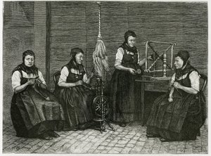 Spanditori di Sondernach, descrizione delle diverse fasi della filatura, mano, fuso e fuso. Incisione di E.Ronjat, per illustrare la storia 