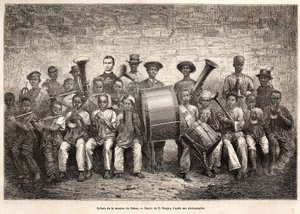 La banda dei bambini della missione del Gabon. Incisione da un disegno di E.Ronjat, per illustrare la crociera sulla costa dell
