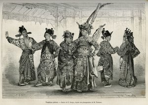 Tragedi di un teatro pechinese, specializzato in drammi storici e mitologici. Incisione dal disegno di E. Ronjat, per illustrare il viaggio a Pechino e Cina del Nord, di T. Choutze, nel 1873, pubblicato in "Le tour du monde" da Etienne Antoine Eugene Ronjat
