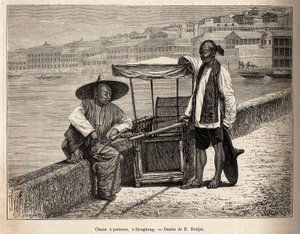Due portatori a riposo accanto alla loro sedia a rotelle a Hong Kong, incisione dopo un disegno di E. Ronjat illustrante il viaggio in Cina, di J. Thompson, nel 1870-1872, pubblicato in 