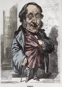 Ritratto di Gioachino Rossini (1792-1868), Caricatura di Etienne Carjat - Etienne Carjat, ritratto-caricatura di Rossini per Diogene, dopo Nadar, 21 dicembre 1856 colorazione digitale