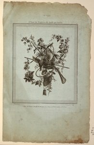 Trofeo con strumenti di caccia, Tavola 1 da "Suite de Trophées de chasse," Suite VI da Etienne Claude Voysard