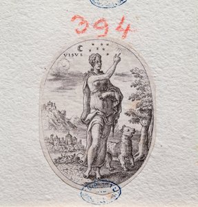 Allegoria della vista, una donna mostra il cielo (incisione) da Etienne Delaune