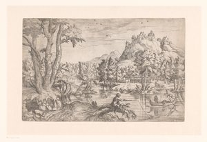 Paesaggio con pescatore e castello sulla cima della montagna da Etienne Dupérac (attributed to)