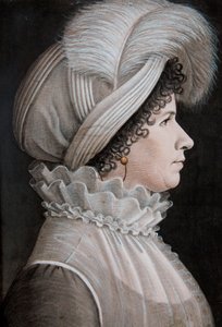 Ritratto di una donna con cappello decorato con una piuma da Etienne Esperance Bouchardy