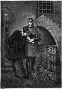 Re Luigi XI di Francia (1423-1483) visita il prigioniero Jean de La Balue (Cardinale Balue) (1421-1491), rinchiuso in una gabbia di ferro. Incisione di Bocour dal dipinto di Gerome