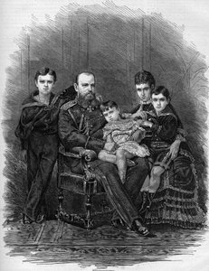 Ritratto della famiglia imperiale russa nel 1881: Zar Alessandro III (1845-1894) e Maria Feodorovna (o Fiodorovna, o Fedorovna) (Maria Sofia Dagmar)