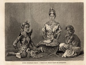 Artisti drammatici siamesi, disegno di E.Bocour, per illustrare il viaggio di Henri Mouhot nei regni di Siam, Cambogia e Laos dal 1858 al 1861. Incisione in Le tour du monde, a cura di Edouard Charton