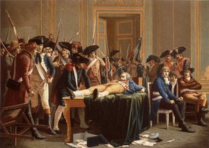 La mattina del 10 Thermidor Anno II; Maximilien de Robespierre, con una mascella fratturata, disteso su un tavolo da Etienne Lucien (after) Melingue