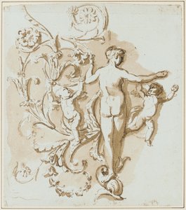Nudo femminile visto da dietro, con due putti, tra decorazioni a foglia d