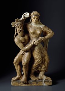 Antichità etrusca: "Satiro e menade danzante" Scultura in terracotta da un tempio di Mater Matuta a Satricum. 480 a.C. Roma, Museo Nazionale di Villa Giulia