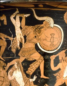 Antichità etrusca: cratere a campana che rappresenta la distruzione di Troia: dettaglio che raffigura Neottolemo che getta Astianatte, figlio di Ettore, oltre le mura. Da Falerii Veteres (Civita Castellana). 350-300 a.C. Roma, Museo Nazionale di Villa Giul