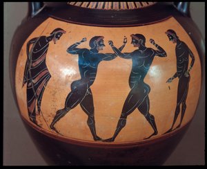 Civiltà etrusca: anfora in terracotta decorata con una scena di pugilato (dettaglio) 550-500 a.C. dalla Tomba del Guerriero a Vulci, Italia da Etruscan