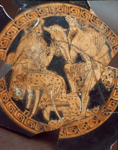 Antichità etrusca: (dettaglio) di un kylix che rappresenta Poseidone e Anfitrite. Da Falerii Veteres (Civita Castellana) VI secolo a.C. Roma, Museo Nazionale di Villa Giulia da Etruscan